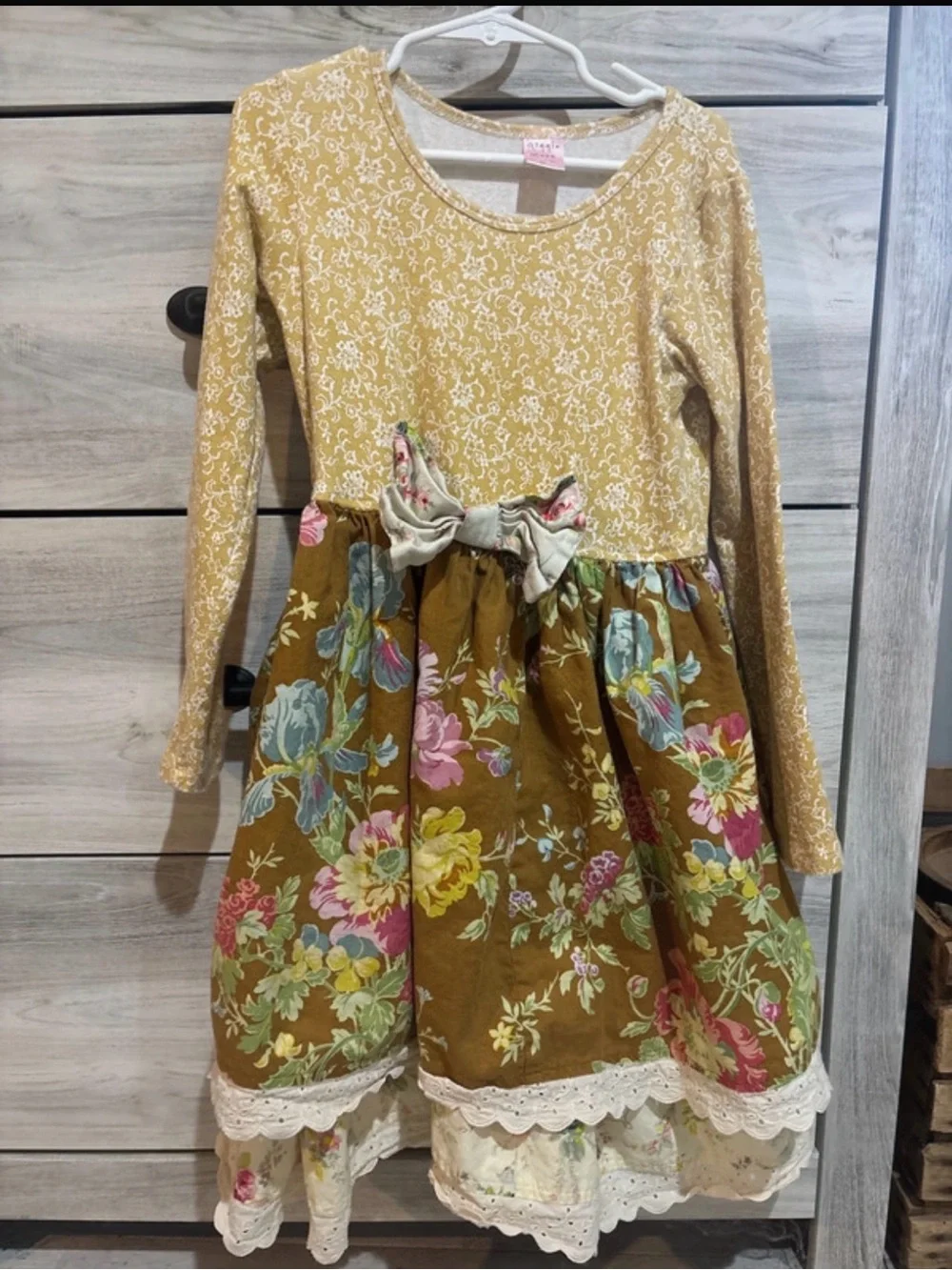 Girls Floral Bow Long-Sleeve Dress in Mustard